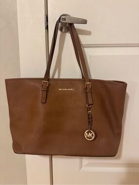Michael Kors Cognac Leather Jet Set Tote with Gold Logo Charm